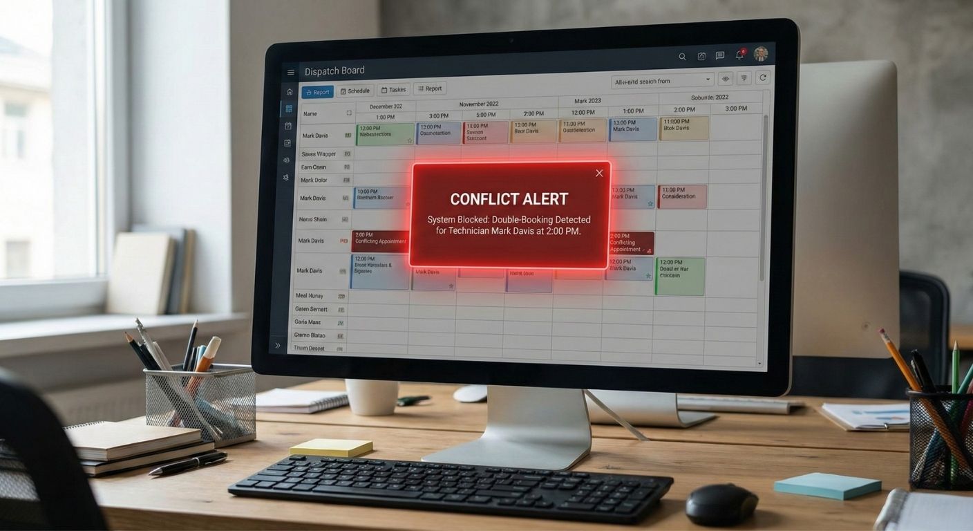 Desktop monitor showing the Dispatch Board with a red Conflict Alert popup blocking a double-booking