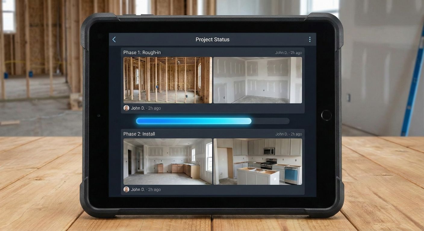 Tablet showing Project Status feed with before/after construction photos and progress bar from Phase 1: Rough-in to Phase 2: Install