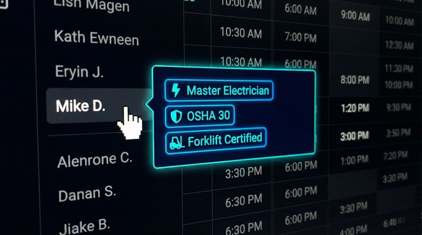 Skills and certifications interface showing worker credentials