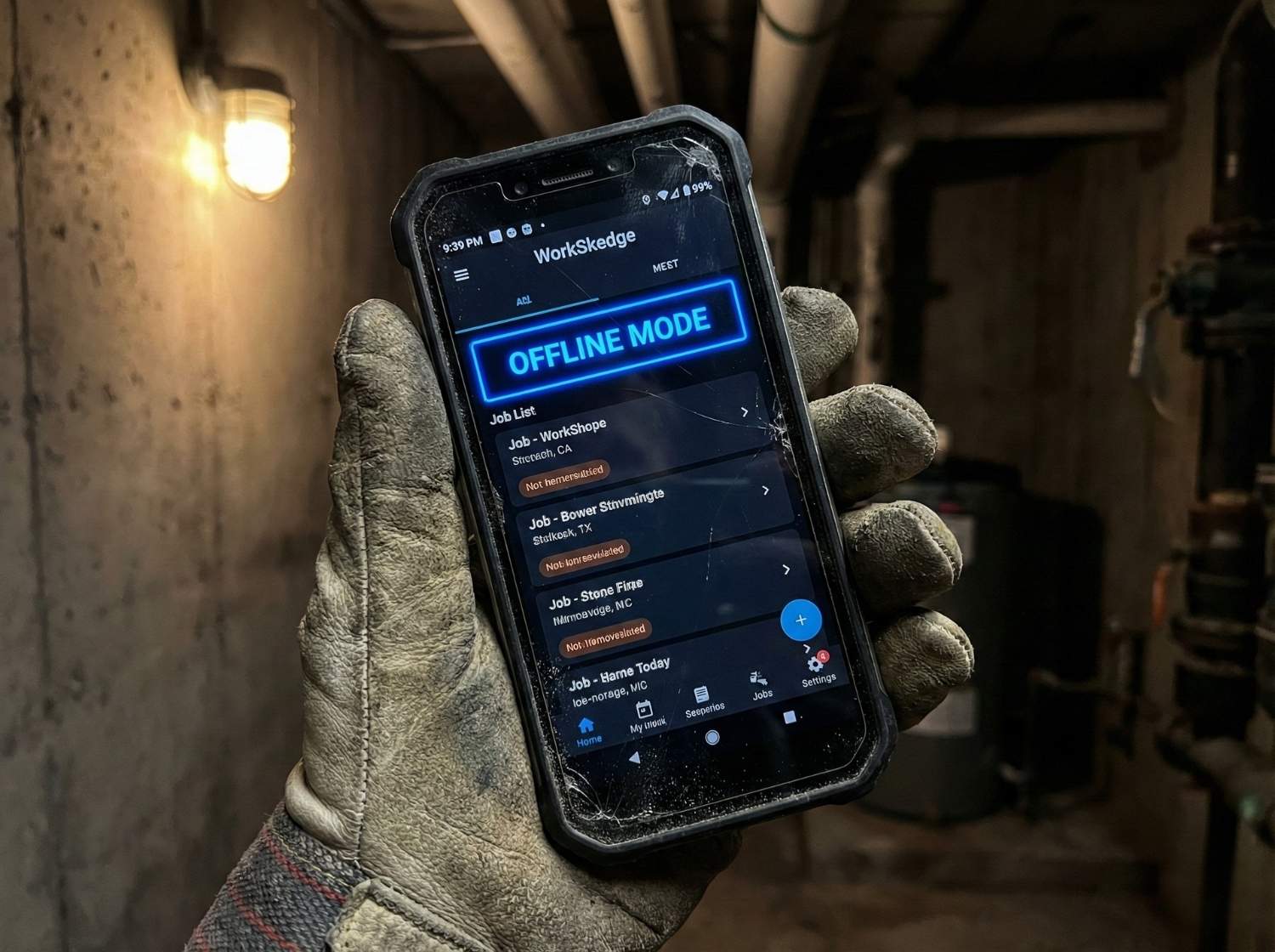 Rugged smartphone showing WorkSkedge Active Job with OFFLINE MODE ACTIVE badge and pending sync icon