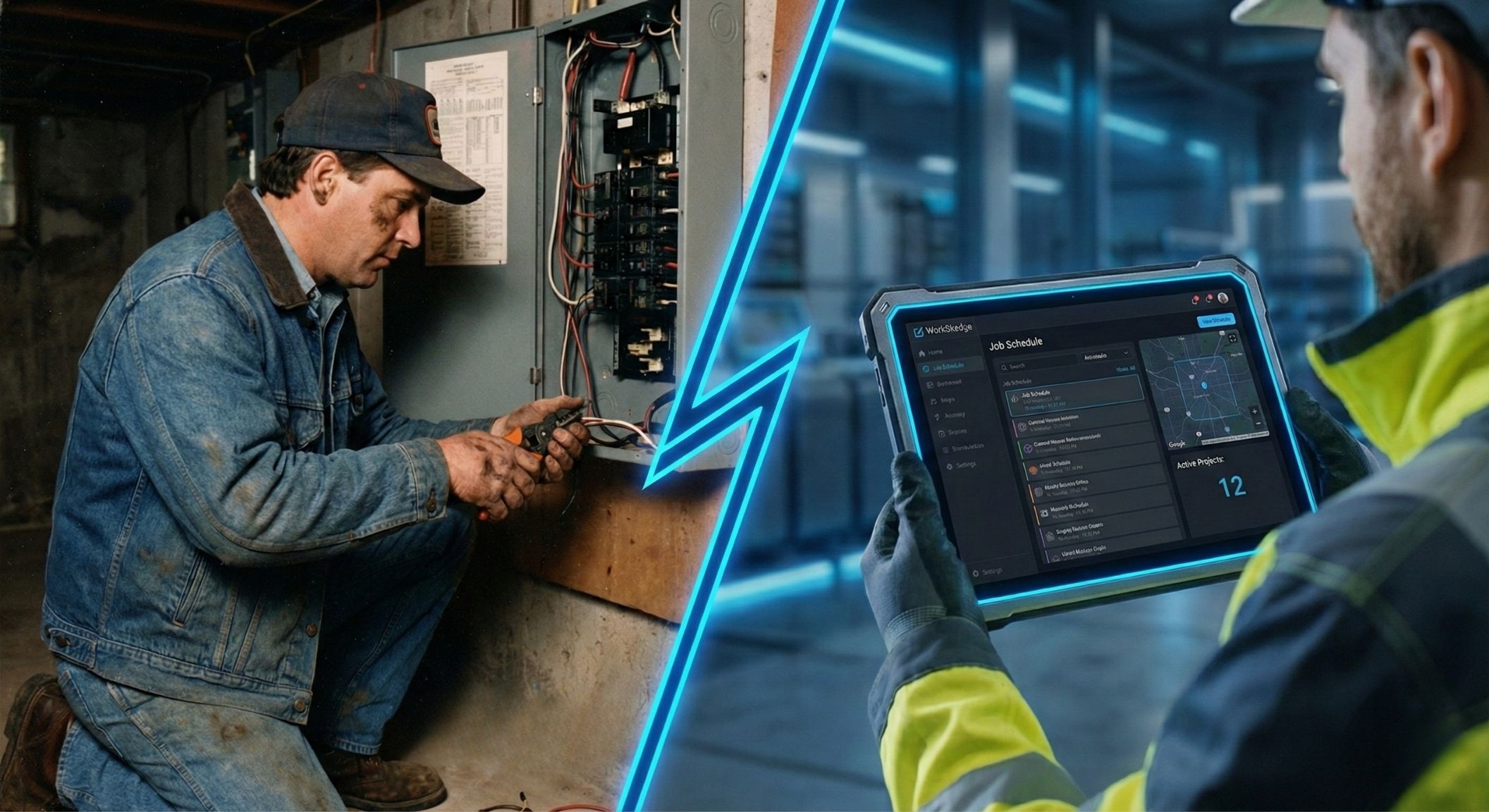 Split screen showing trade heritage and modern technology