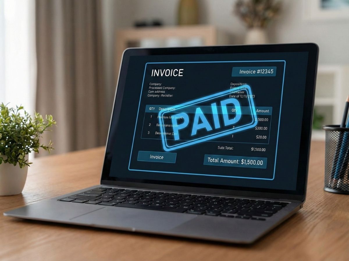 Laptop showing WorkSkedge invoice marked as paid for $1,500