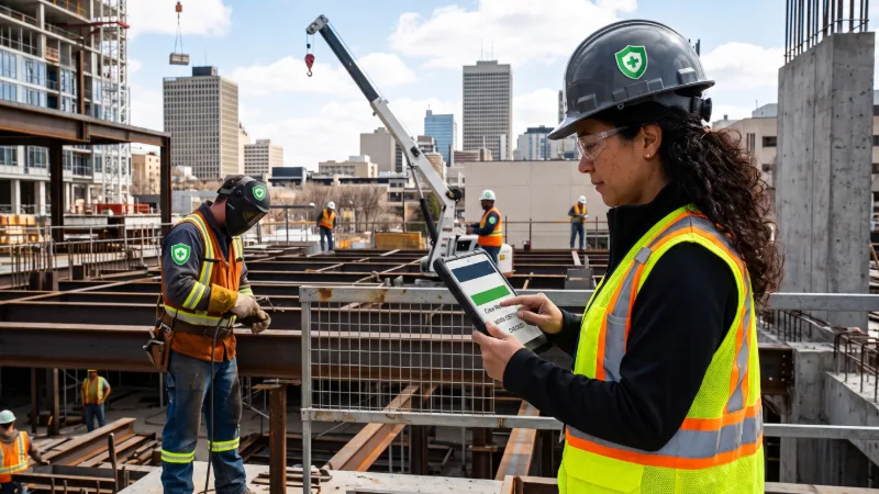 Contractor reviewing employee certification records and skills compliance on a tablet