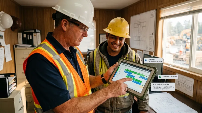 Construction dispatcher reviewing weekly crew schedules and dispatch grids on a computer screen.