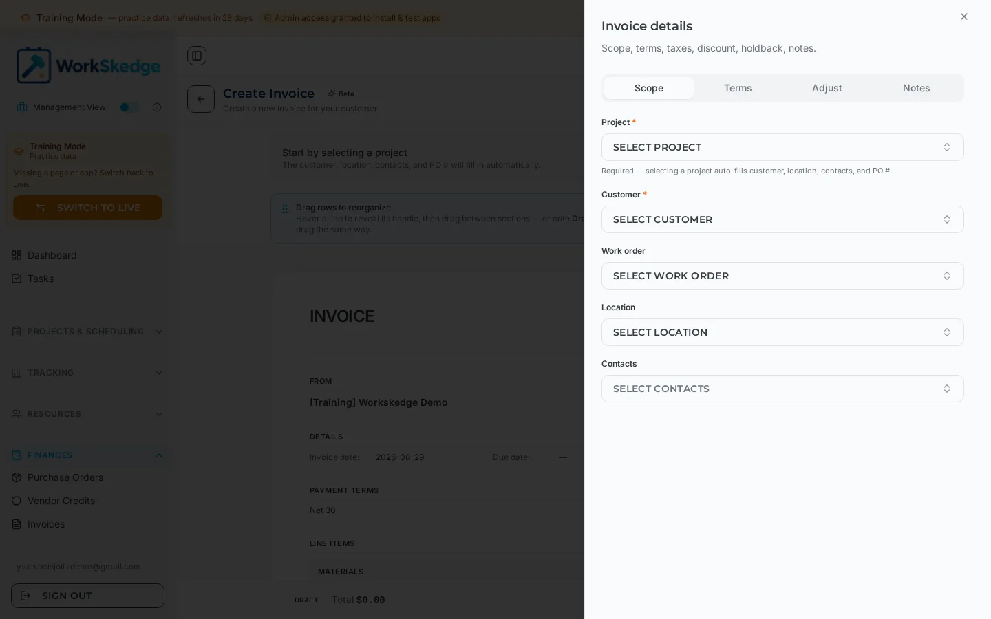 Invoice editor in WorkSkedge showing draft total and invoice details panel