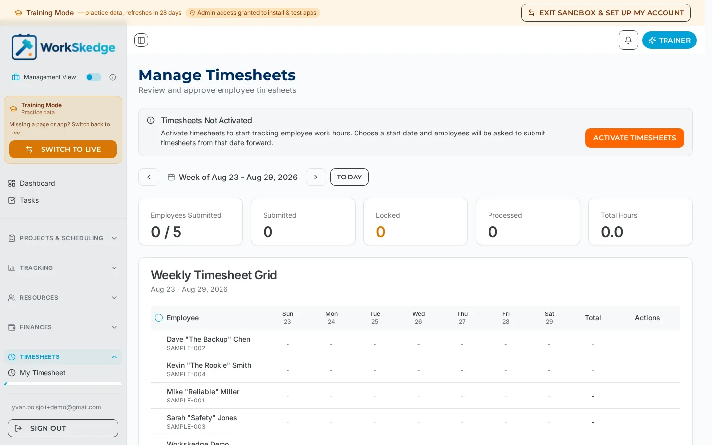 Weekly Timesheet Grid in WorkSkedge Manage Timesheets listing employees and daily hours