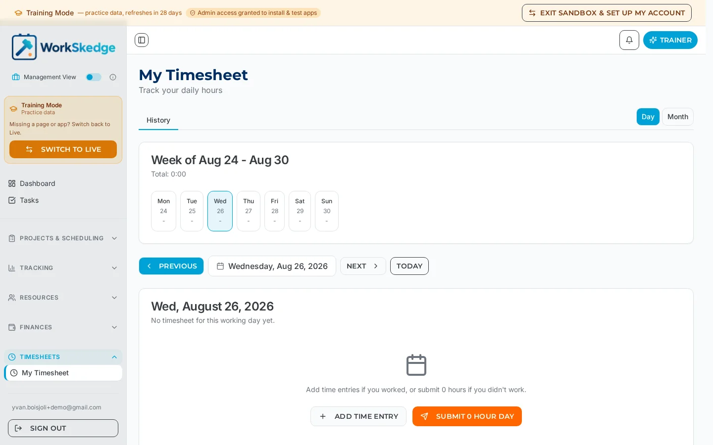 My Timesheet page in WorkSkedge showing the week strip, day navigation and Add Time Entry button