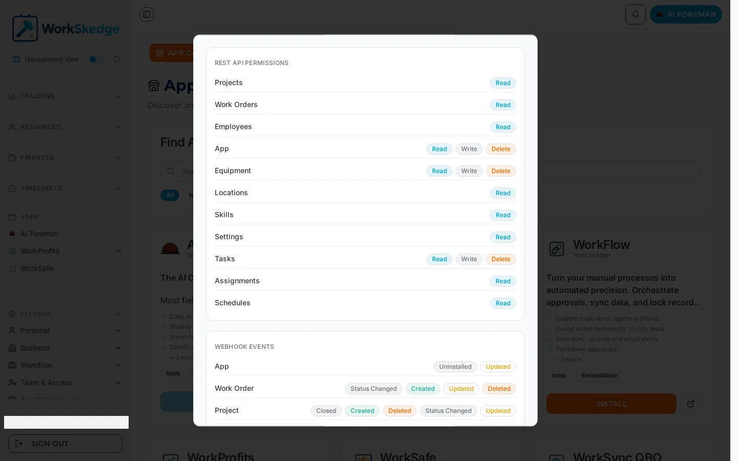 Step 2 of the WorkSkedge app install wizard listing REST API permissions per data type and the webhook events the app subscribes to