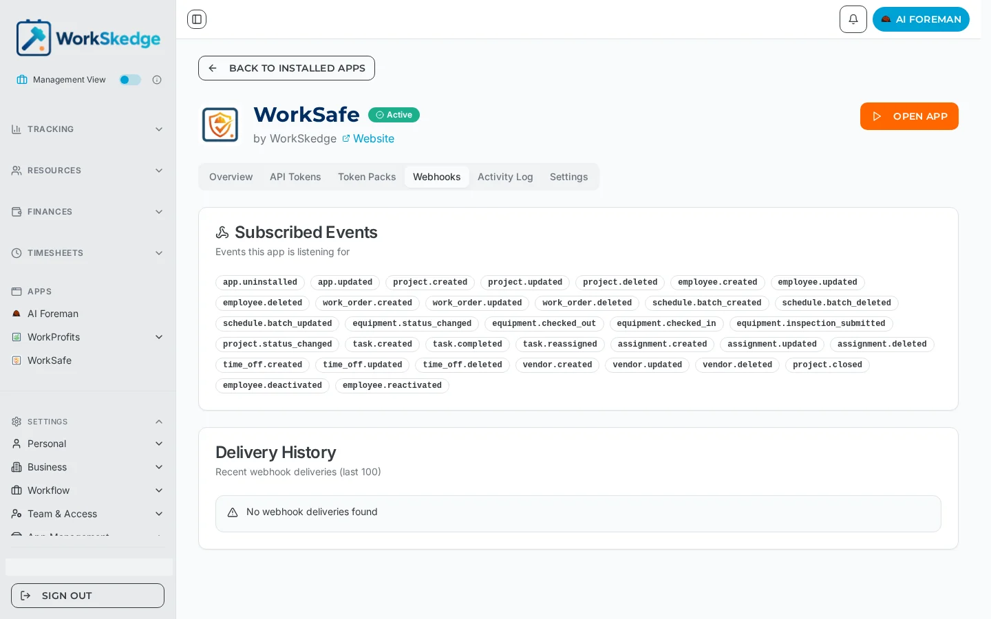 Webhooks tab of an installed app listing subscribed events such as work_order.created and equipment.checked_out, with a Delivery History panel