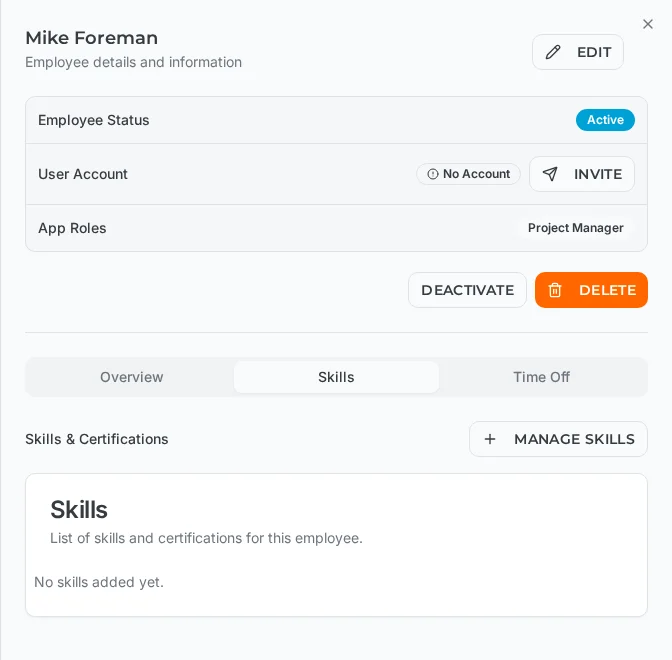 WorkSkedge employee record showing the Skills tab and the Manage Skills button