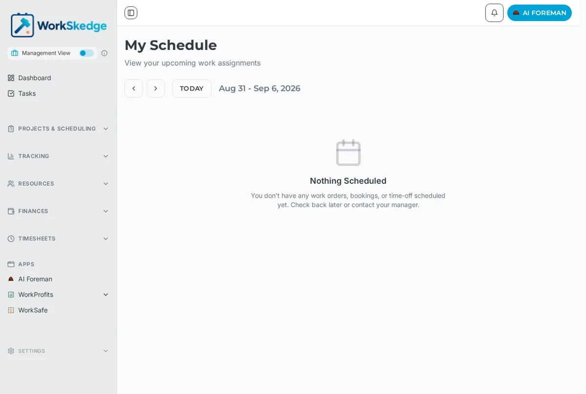 WorkSkedge My Schedule week view with previous, next and Today controls
