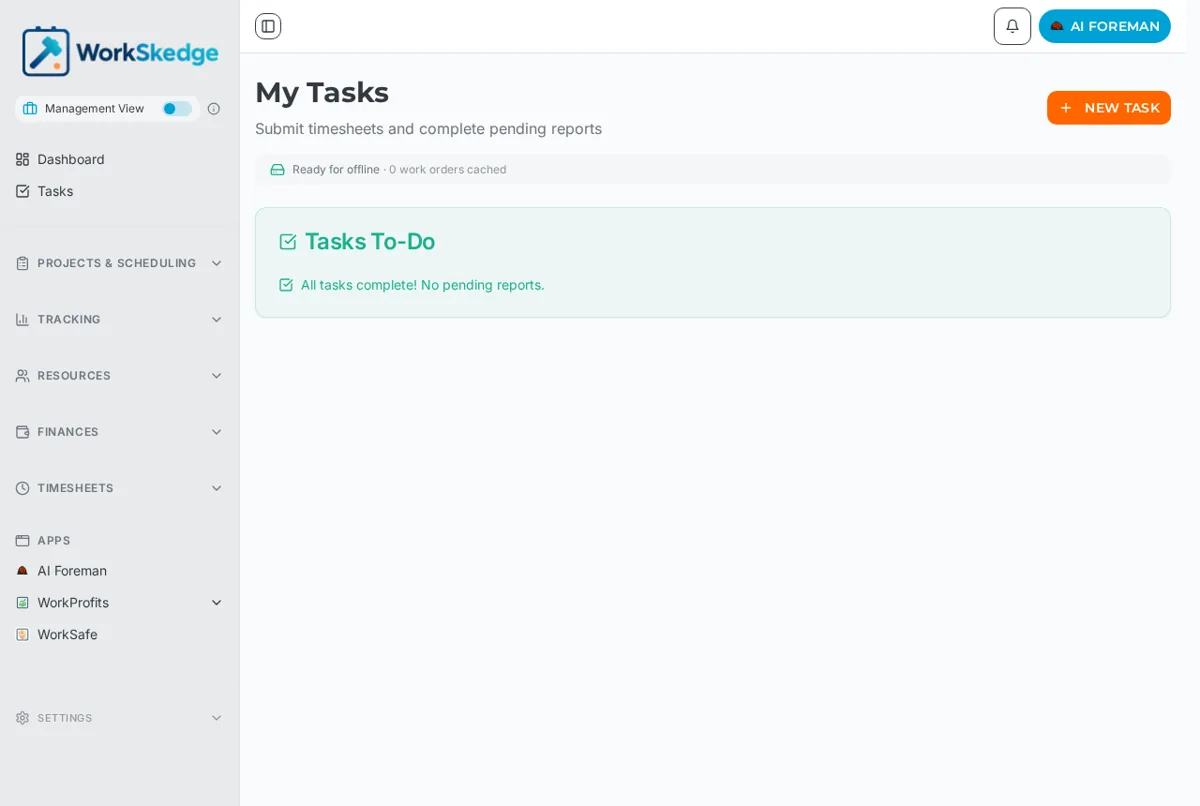WorkSkedge My Tasks screen showing the Tasks To-Do panel and an offline readiness badge