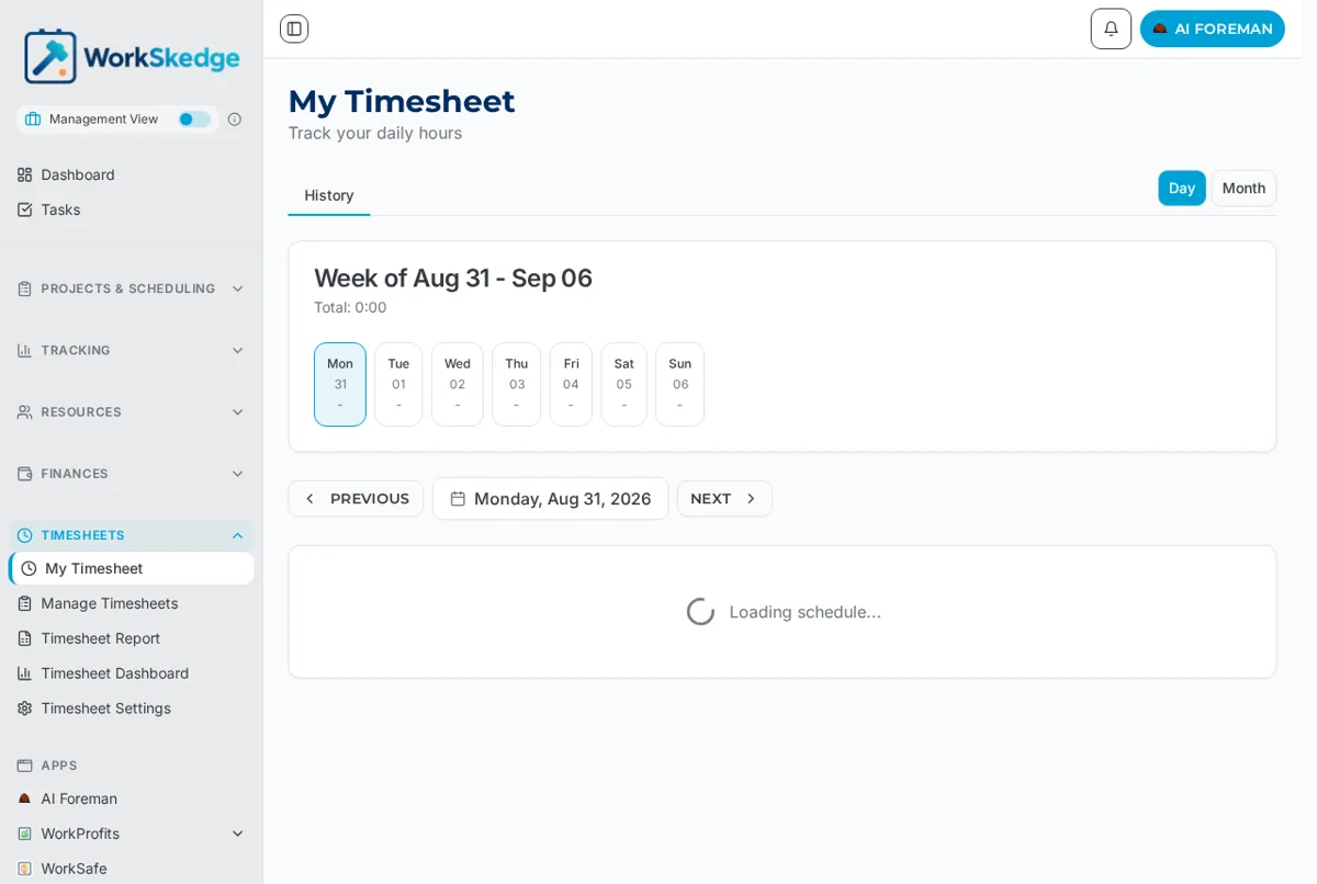WorkSkedge My Timesheet screen with the week strip, Day and Month tabs, Add time entry and Submit 0 hour day buttons
