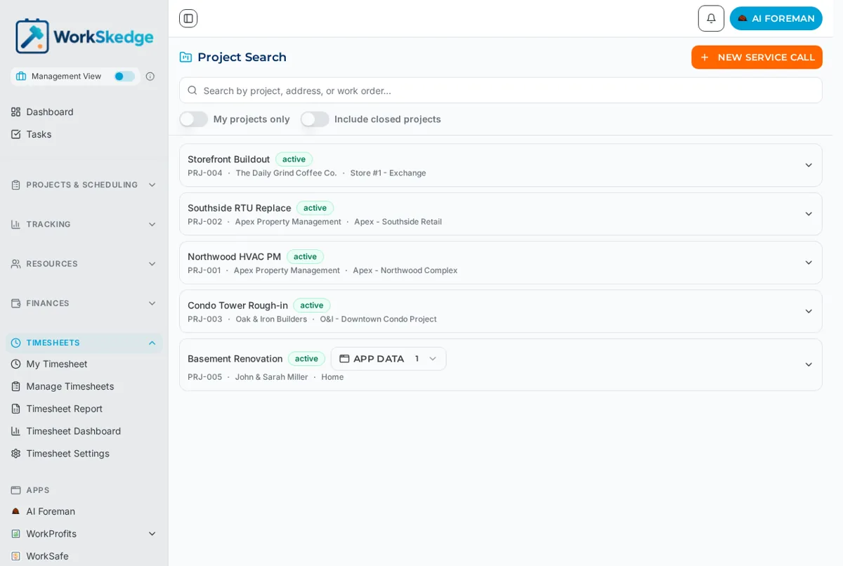 WorkSkedge Project Search listing active projects with My projects only and Include closed projects toggles