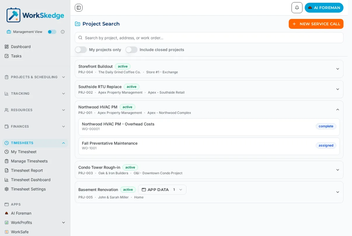 An expanded project in WorkSkedge Project Search showing its work orders with complete and assigned status chips