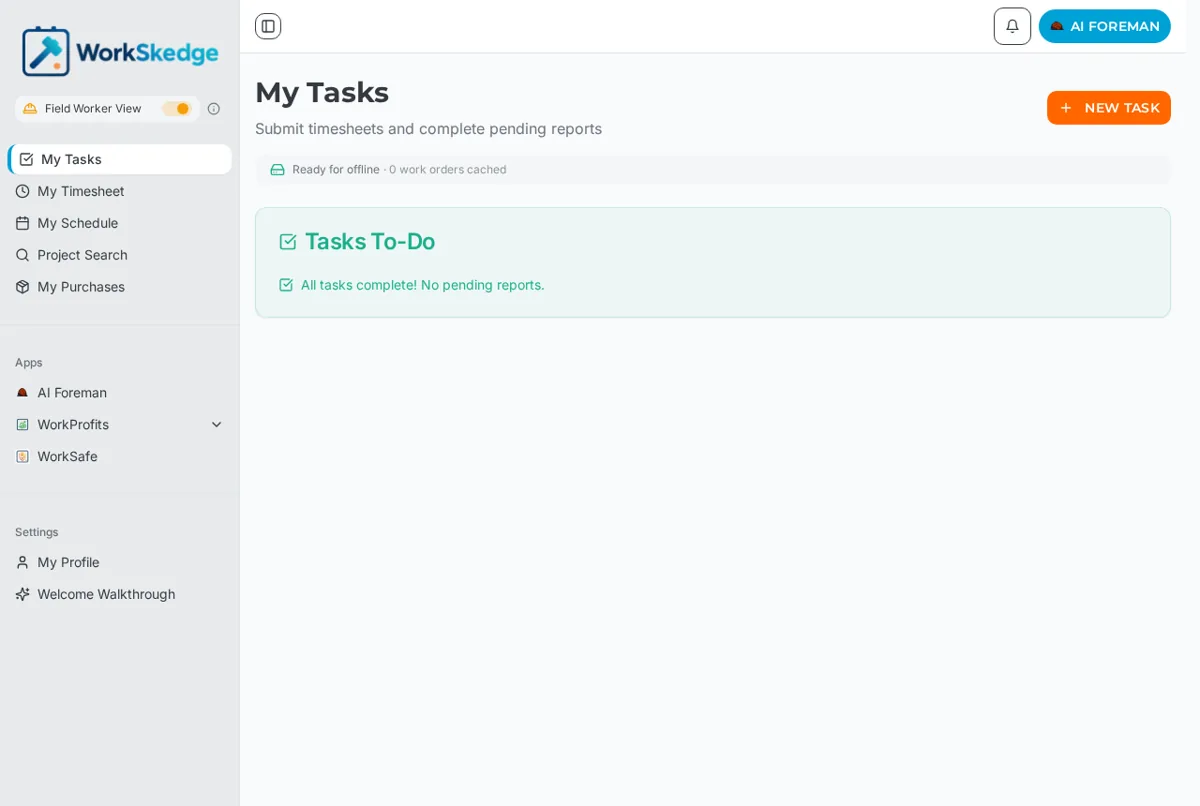 WorkSkedge Field Worker View sidebar listing My Tasks, My Timesheet, My Schedule, Project Search, My Purchases, Apps and My Profile