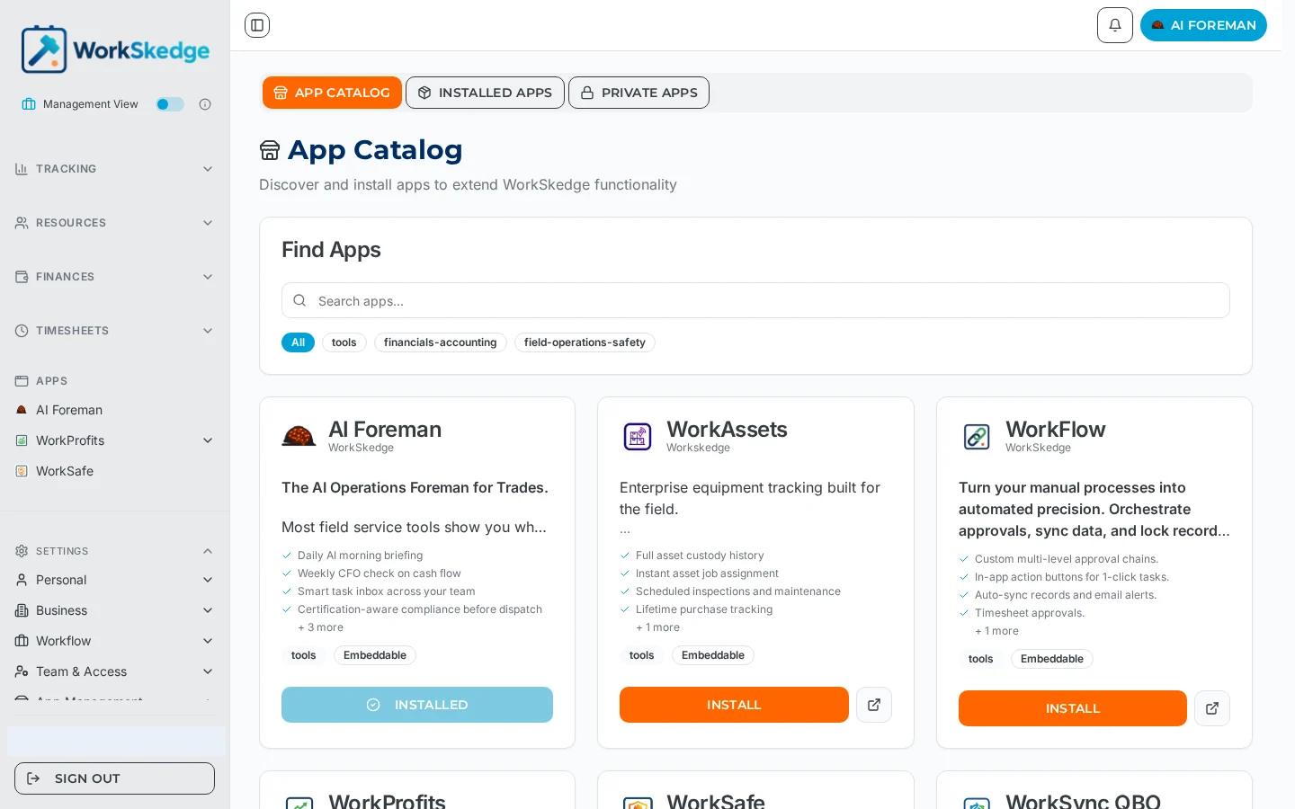 WorkSkedge App Catalog listing AI Foreman, WorkAssets and WorkFlow apps