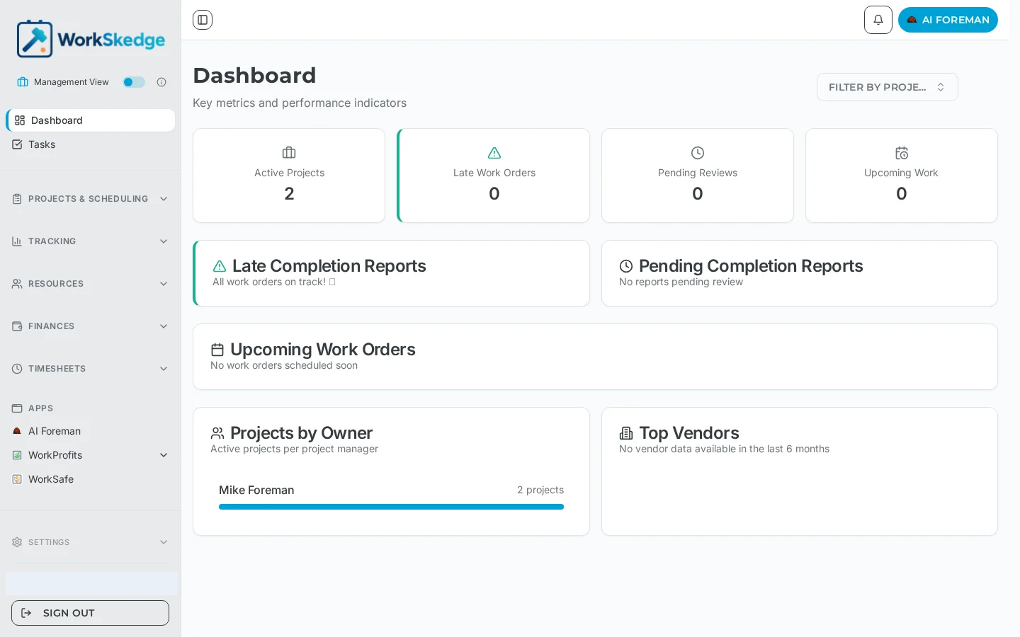 WorkSkedge dashboard showing active projects, late work orders, pending reviews and upcoming work