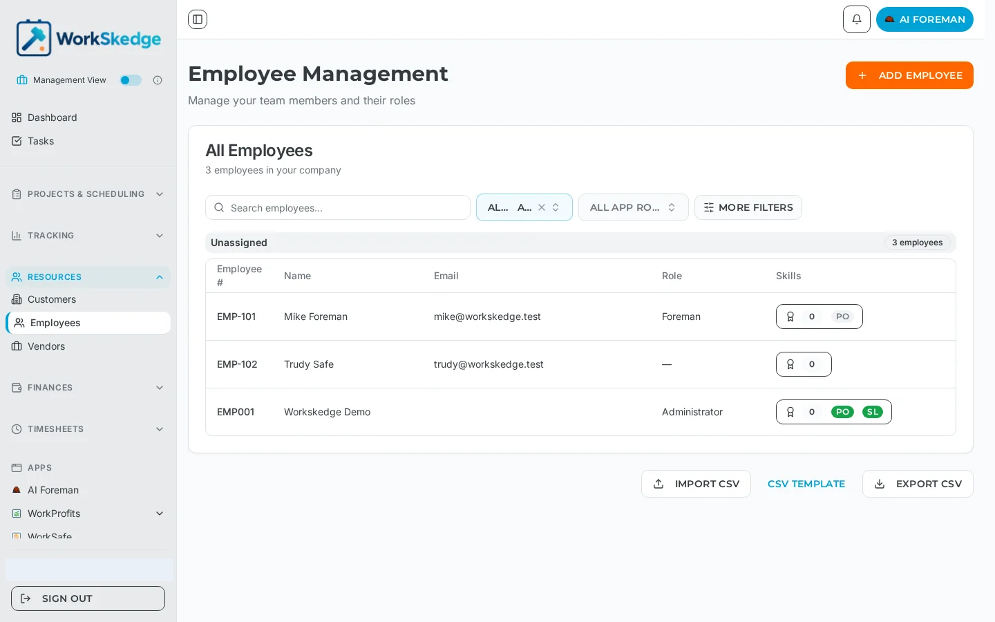 WorkSkedge Employee Management list showing employee number, name, email, role and skills columns