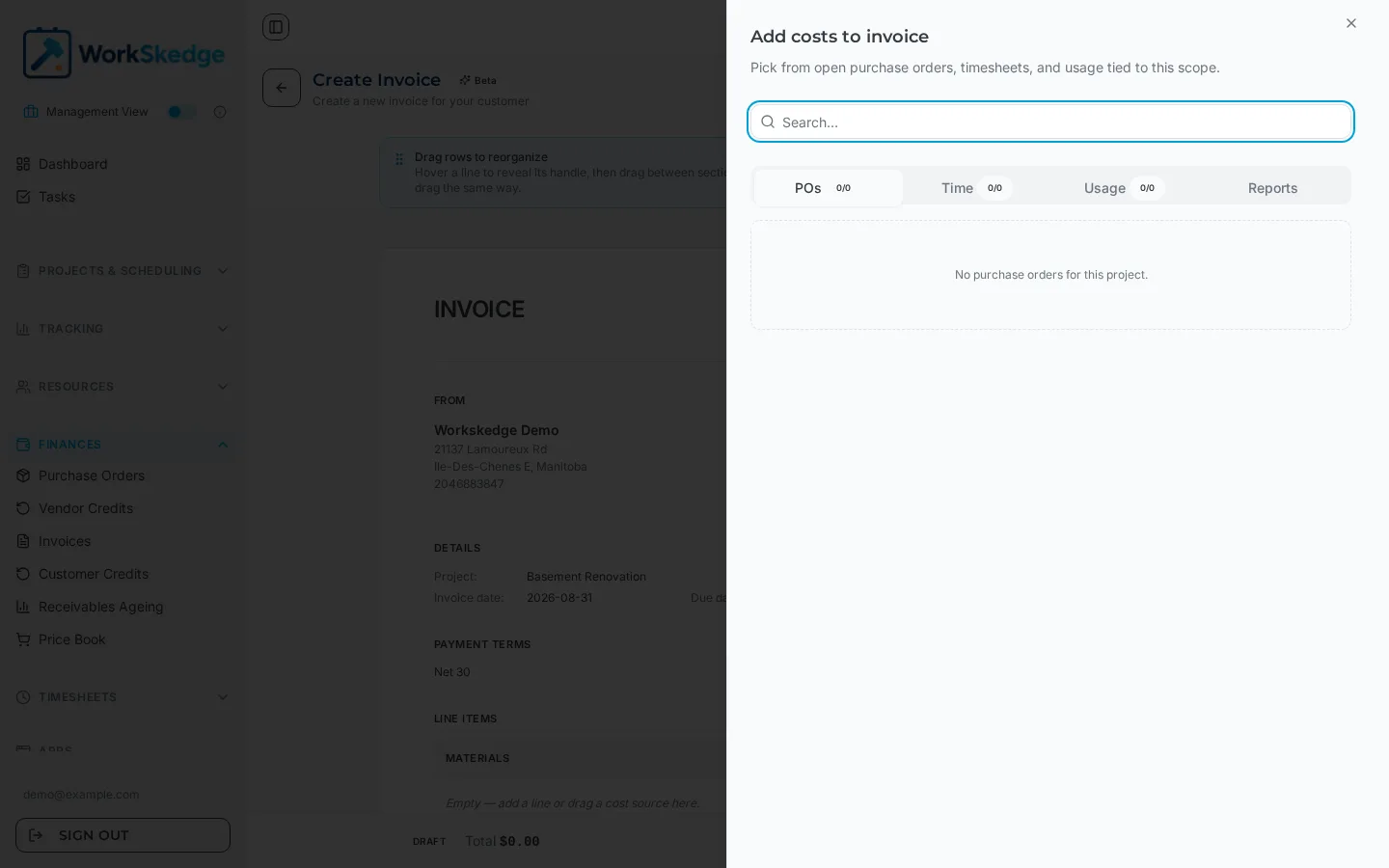 WorkSkedge invoice builder with the Add costs panel open showing POs, Time, Usage and Reports tabs