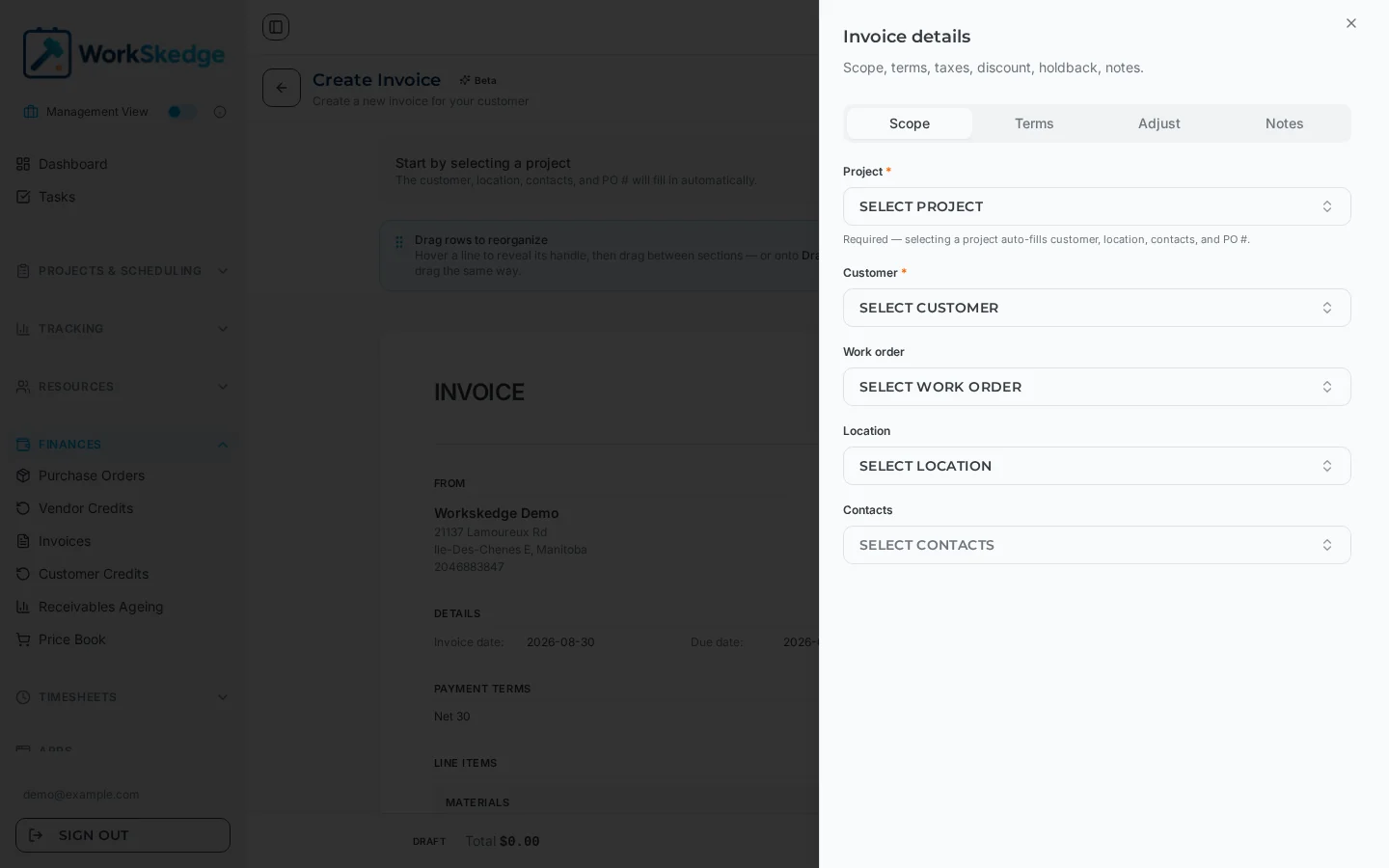 Invoice editor in WorkSkedge showing draft total and invoice details panel