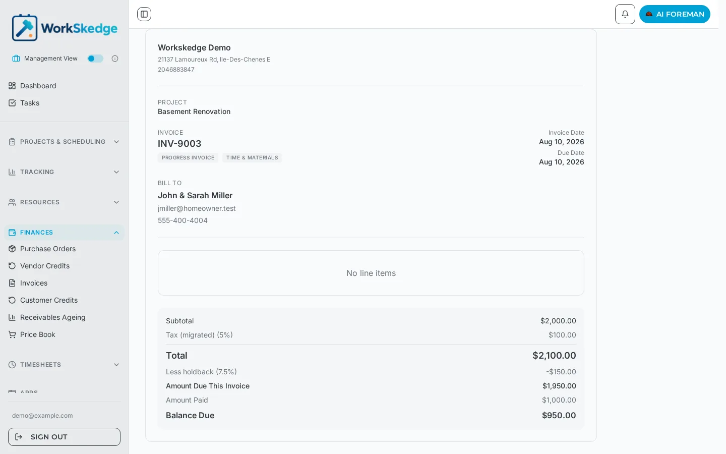 WorkSkedge invoice totals block showing subtotal, tax, total, less holdback at 7.5 percent, amount due, amount paid and balance due