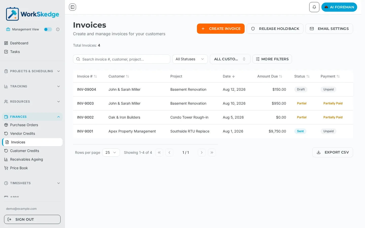 WorkSkedge invoice list showing invoice number, customer, project, amount due, status badges and payment badges