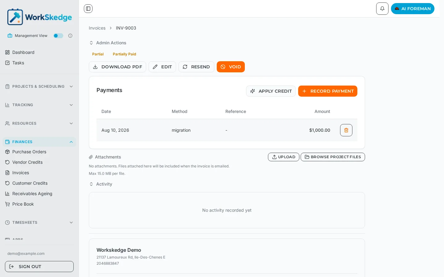 WorkSkedge invoice showing the Payments panel with Apply Credit and Record Payment buttons and a recorded payment row