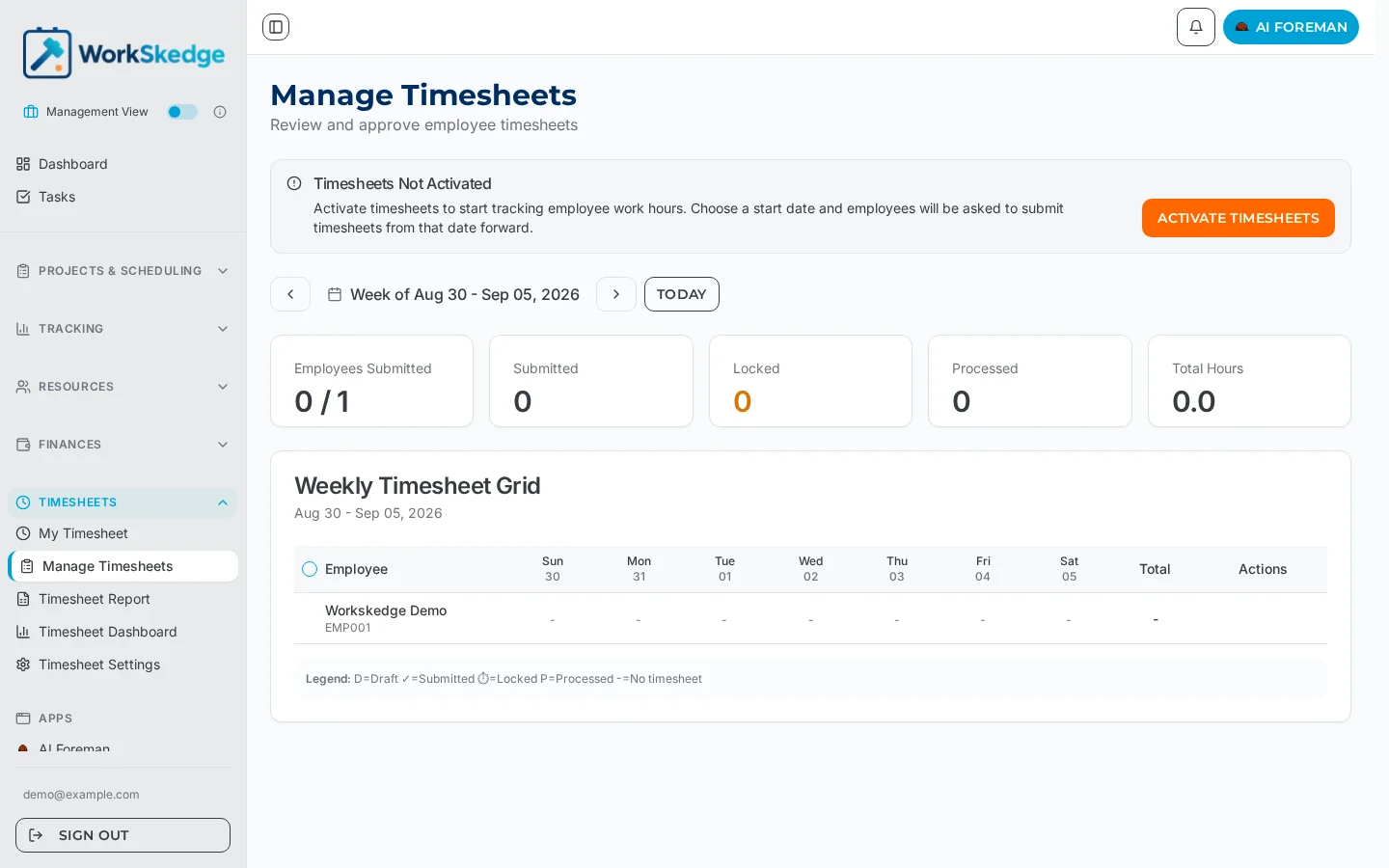 Weekly Timesheet Grid in WorkSkedge Manage Timesheets listing employees and daily hours