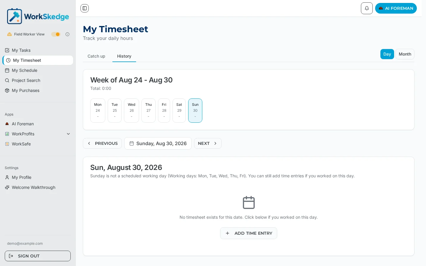 My Timesheet page in WorkSkedge showing the week strip, day navigation and Add Time Entry button