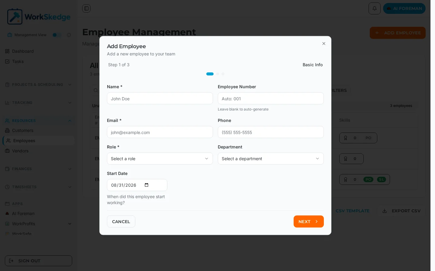 WorkSkedge Add Employee wizard step 1 showing name, employee number, email, phone, role, department and start date fields