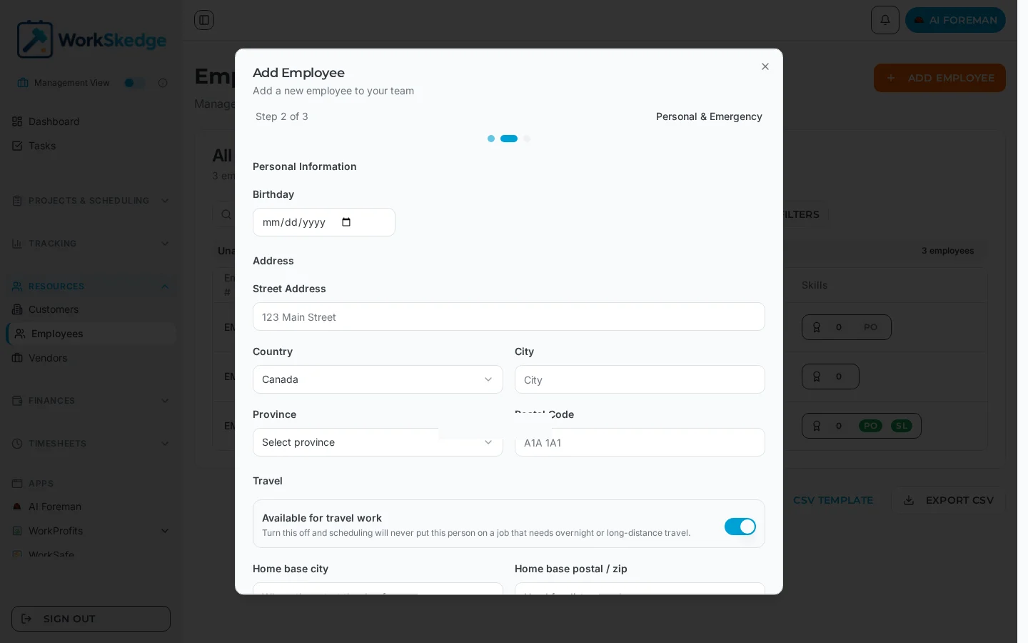 Add Employee step 2 showing personal information, address and the Available for travel work toggle with home base fields