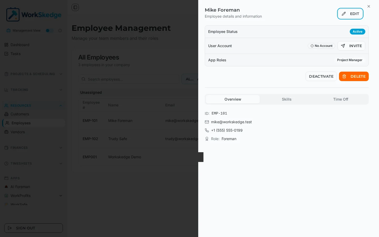 WorkSkedge employee detail panel with the Overview, Skills and Time Off tabs