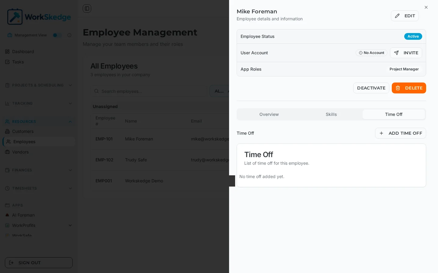 WorkSkedge employee Time Off tab with the Add Time Off button and an empty time-off list