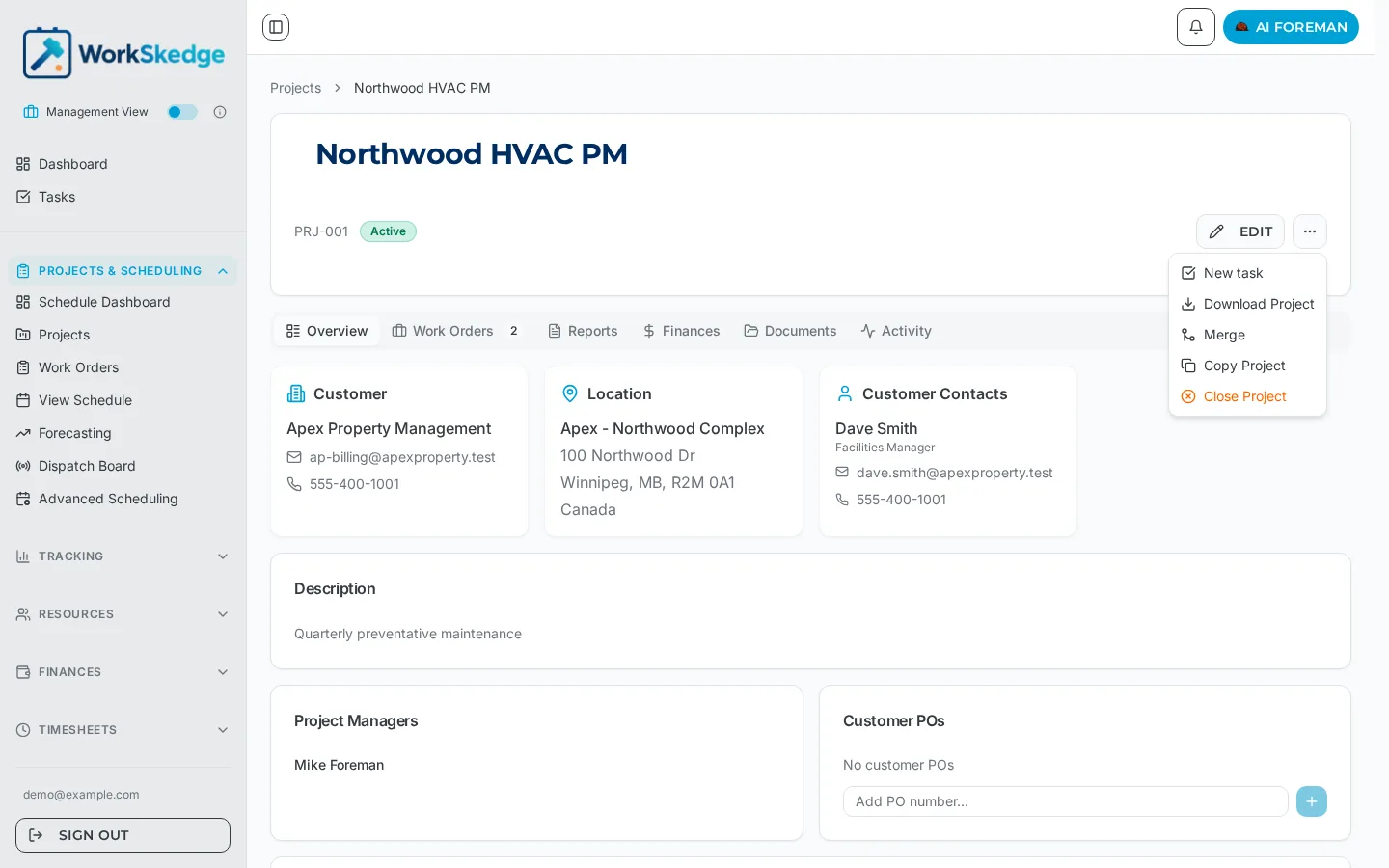 WorkSkedge project header with the actions menu open showing New task, Download Project, Merge, Copy Project and Close Project