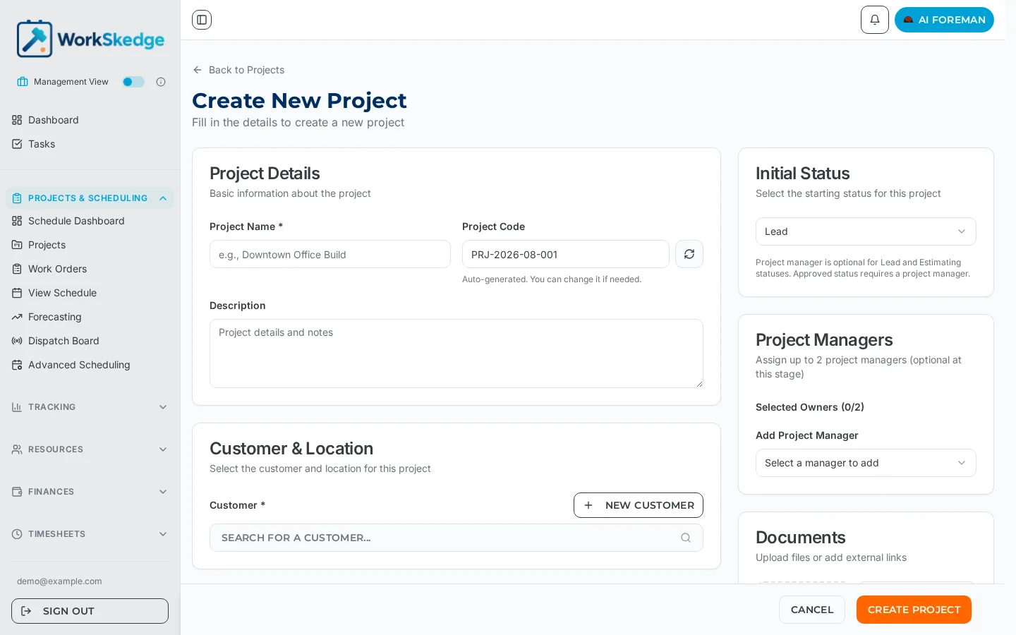 Create New Project screen in WorkSkedge showing project name, auto-generated project code, customer and initial status