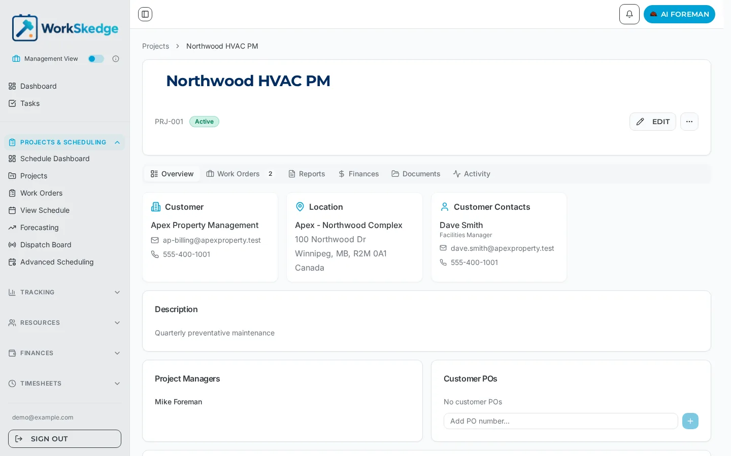 WorkSkedge project Overview tab showing Customer, Location and Customer Contacts cards plus Project Managers