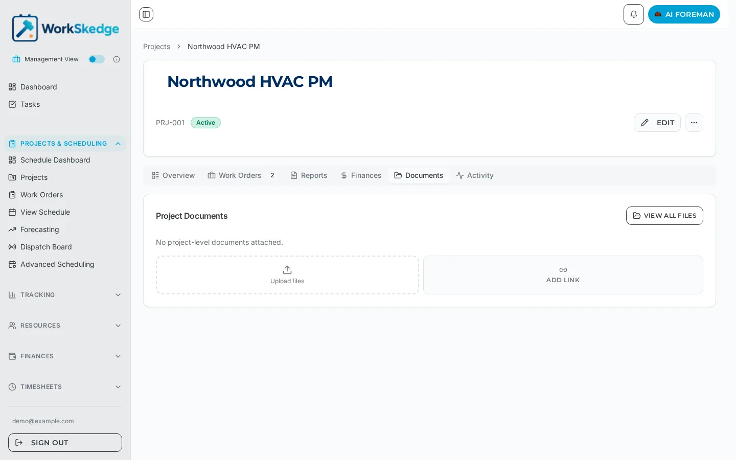 WorkSkedge project Documents tab with upload area, Add Link button and View All Files