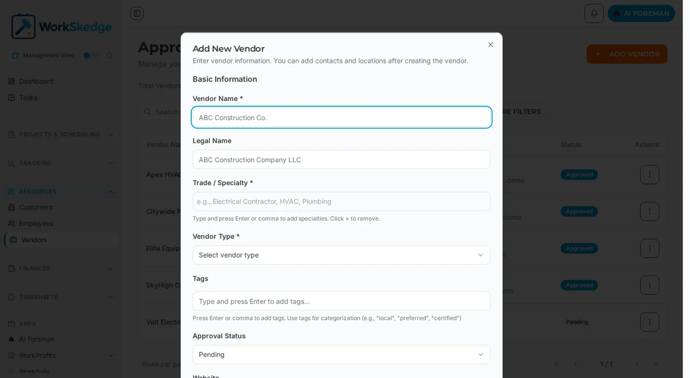Add New Vendor dialog with vendor name, legal name, trade, vendor type, tags and approval status fields