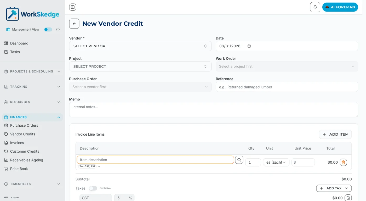 New Vendor Credit screen with vendor, date, project, work order, purchase order, reference and line item fields