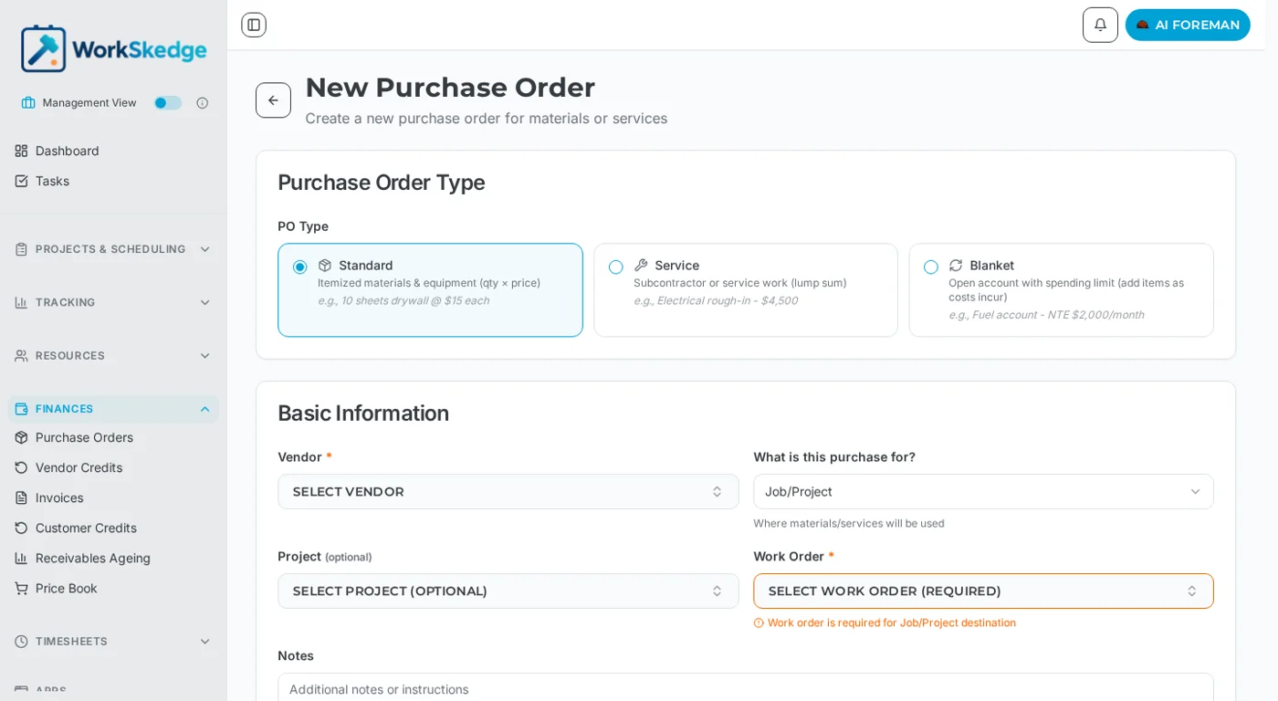 New Purchase Order screen showing PO type, vendor, destination and the Paid By section
