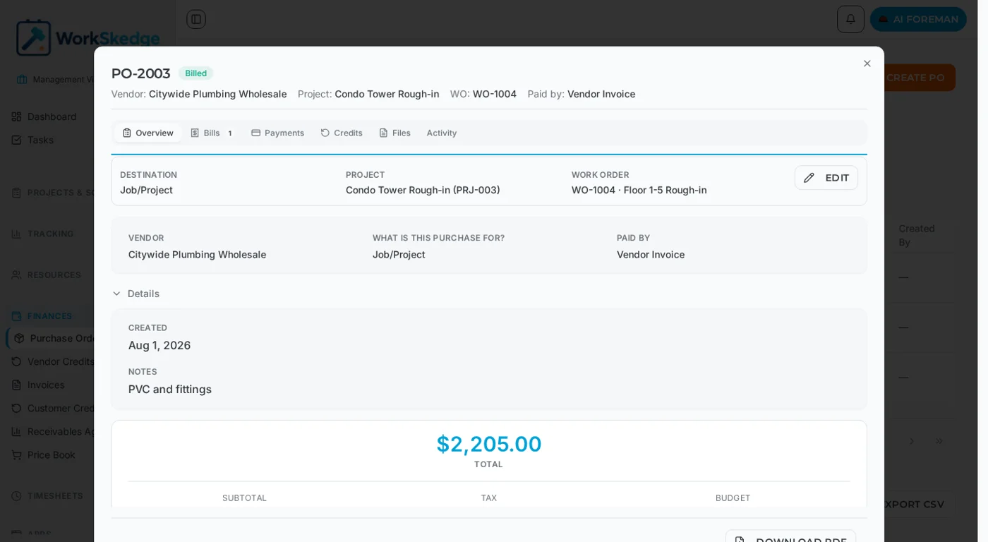 Purchase order detail with the Bills tab showing one recorded vendor invoice