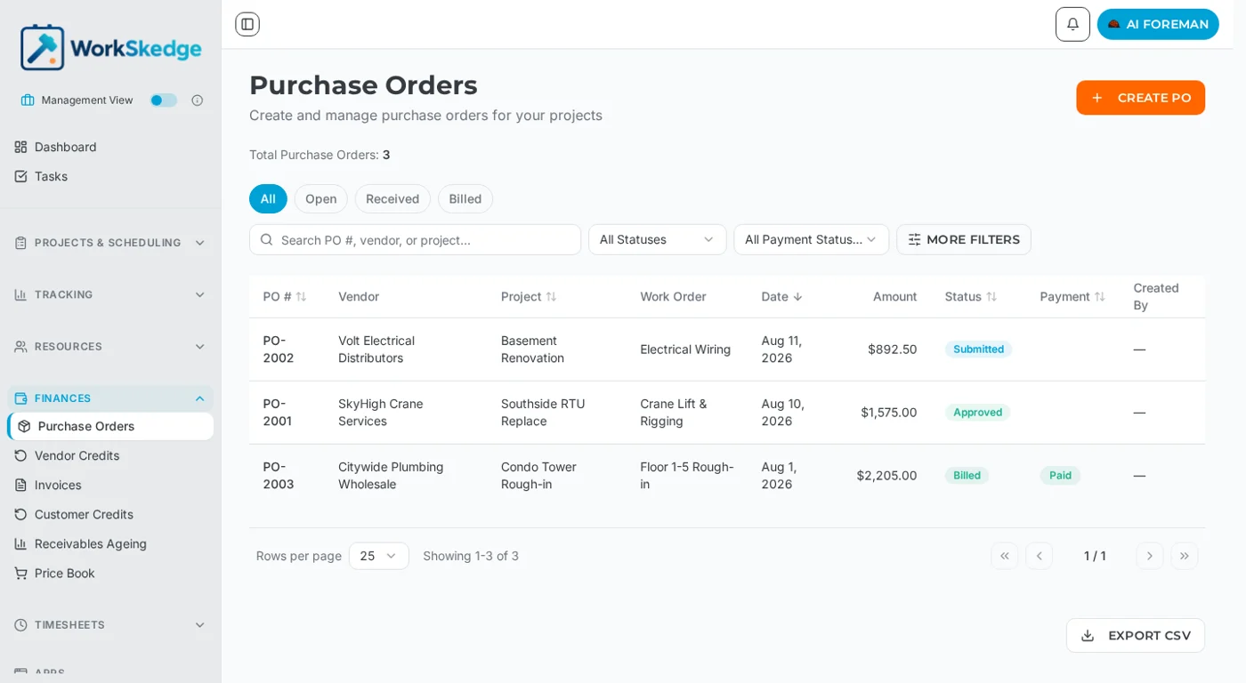 Purchase Orders list showing PO number, vendor, project, work order, amount, status and payment status columns