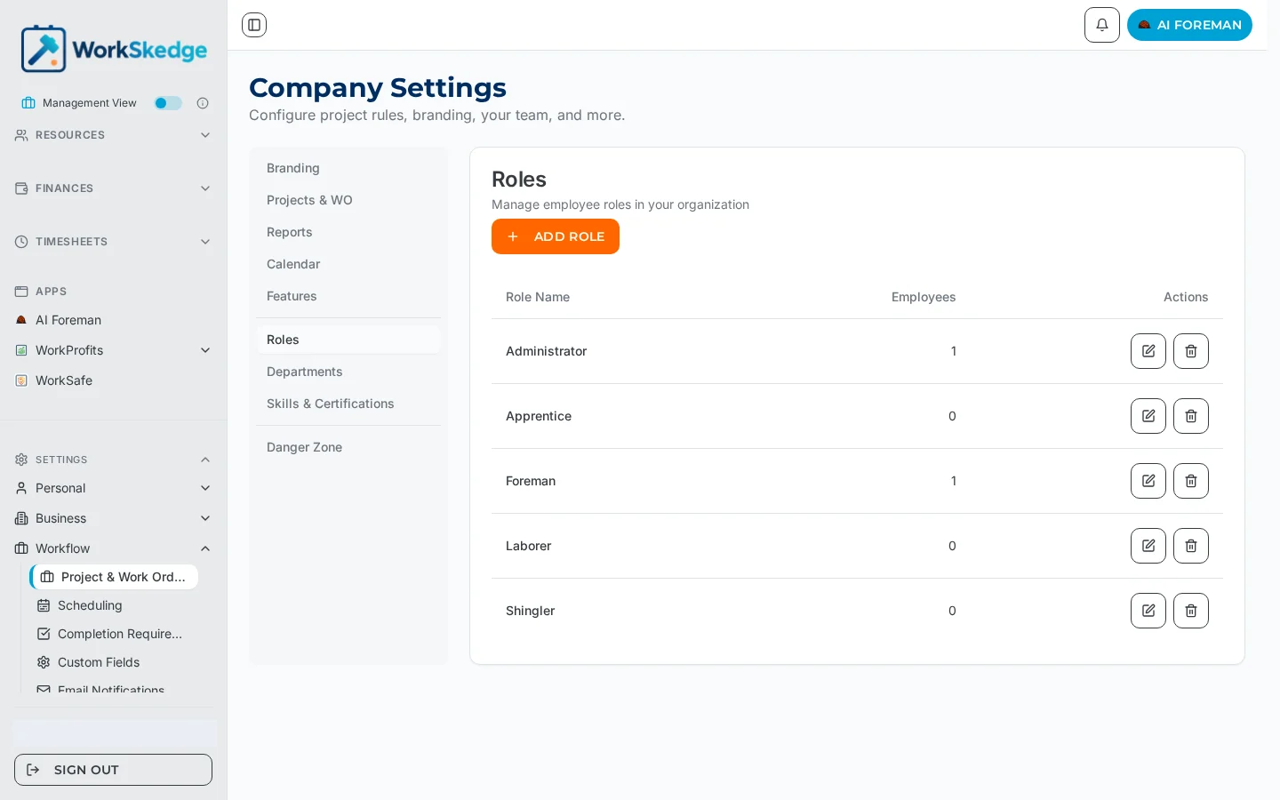 WorkSkedge Company Settings page with the tab rail showing Branding, Projects & WO, Reports, Calendar, Features, Roles, Departments, Skills & Certifications and Danger Zone