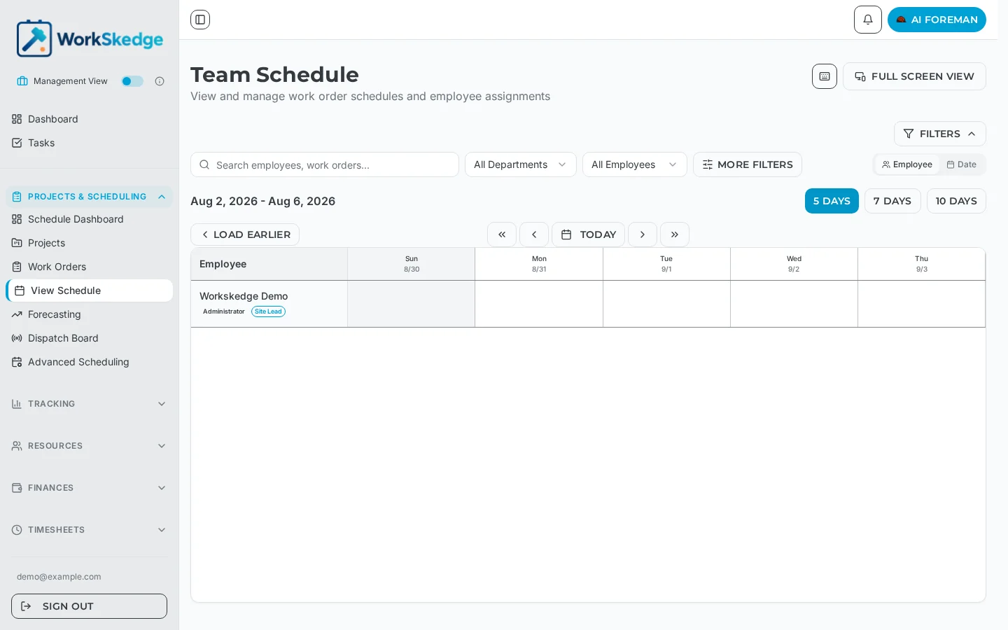 WorkSkedge Team Schedule board with employees down the left and days across the top