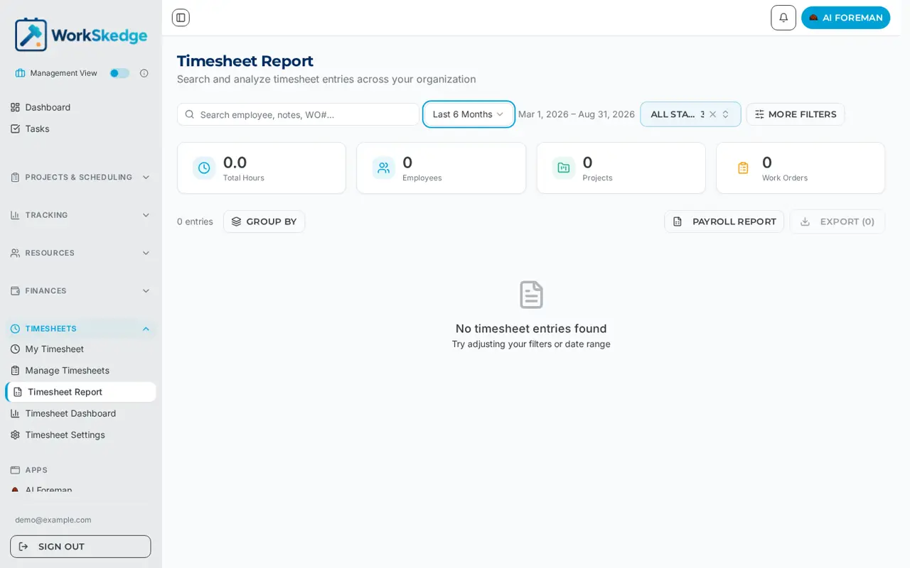WorkSkedge Timesheet Report page with date range and status filters and the Group By, Payroll Report and Export buttons