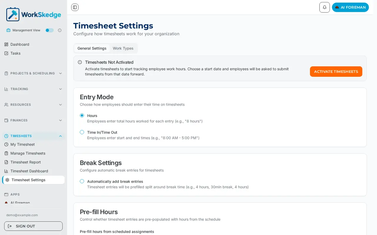 WorkSkedge Timesheet Settings General tab showing entry mode, break settings and pre-fill hours