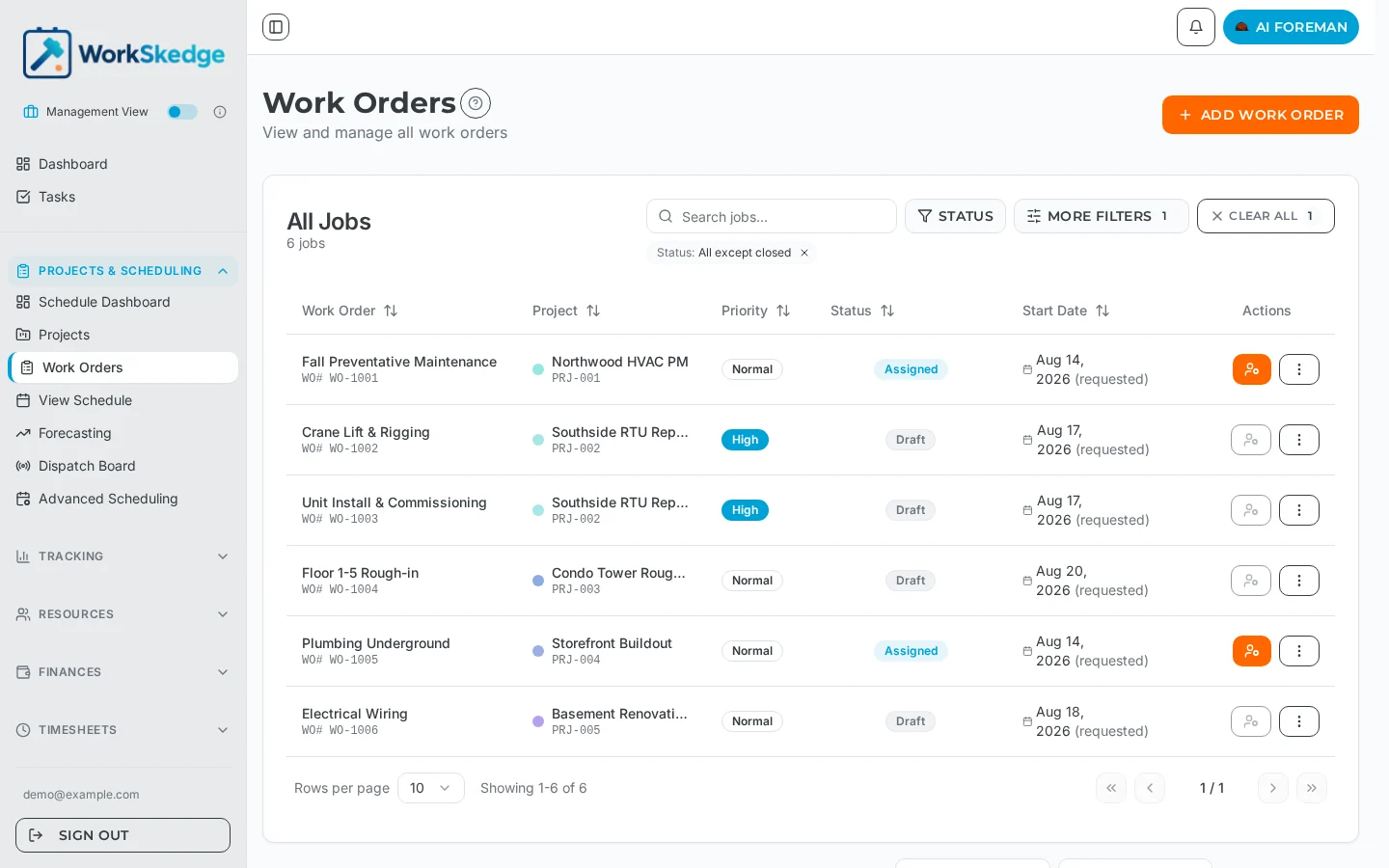 WorkSkedge Work Orders list with per-row actions menu used to open a work order