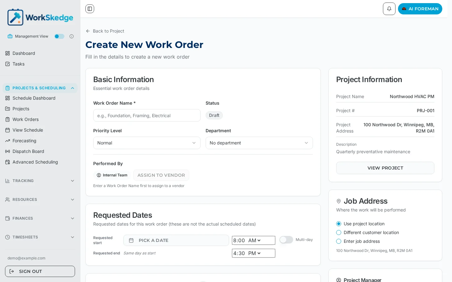 Create New Work Order form in WorkSkedge showing work order name, priority, department, Performed By and requested dates