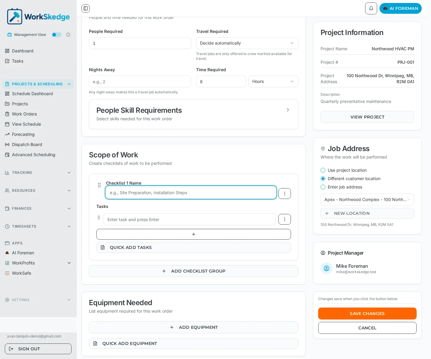 Scope of Work section of the WorkSkedge work order form with a checklist group, task input and Quick Add Tasks button